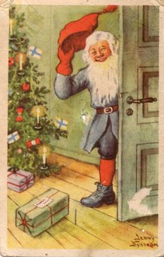 an old fashioned christmas card with a santa clause standing in front of a tree and presents