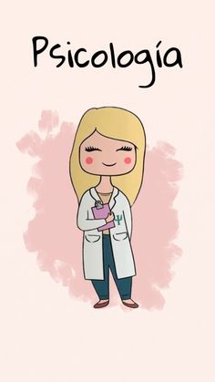 a girl in a lab coat is holding a cell phone and the words piscologia are above her