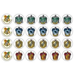 harry potter badge stickers are shown in various sizes and colors, including one with the hog