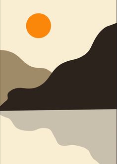 an abstract landscape with mountains and the sun in the sky above it, as well as water