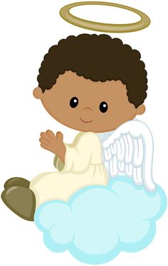 a baby angel sitting on top of a cloud with an angel halo above it's head