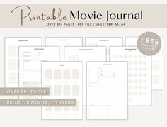 the printable movie journal is shown in four different colors and sizes, including one for each