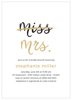 a pink and gold bridal bridal party card with the words miss and mrs on it