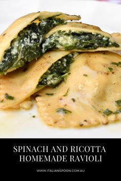 spinach and ricotta homemade ravioli on a white plate with text overlay