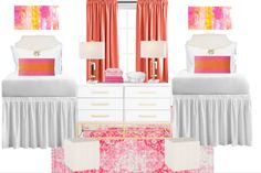 the bedroom is decorated in pink, orange and white