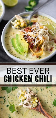 two pictures of chicken and avocado soup with text overlay