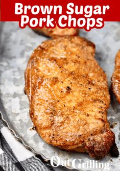 brown sugar pork chops on a plate with text overlay