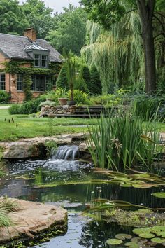 a pond in front of a large brick house