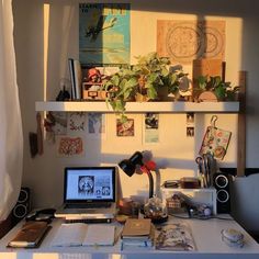 a laptop computer sitting on top of a desk next to a plant and other items