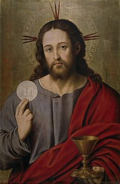 an old painting of jesus holding a medal