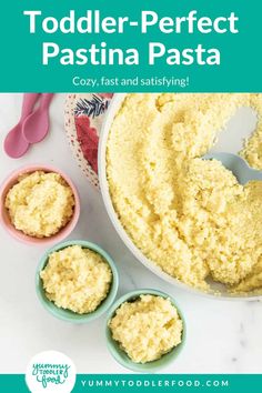 two bowls filled with food next to each other and the words toddler - perfect pasta in