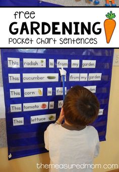 a young boy is working on his garden pocket chart with the words, free gardening pocket chart