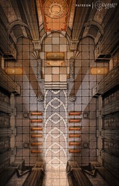 an image of a hallway with stairs and clock on the wall above it that is made out of tiles