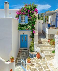 an alleyway with steps leading to a blue door and pink flowers on the wall