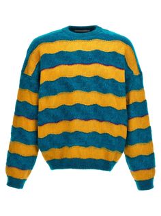 Patterned wave sweater in wool blend and mohar blend, round-neck model. Composition: 43% mohair wool 38% w 19% nylon Wave Sweater, Patterned Sweater, Yellow Knit, Striped Sweatshirts, Crossbody Tote Bag, Mohair Wool, Create Outfits, Knitwear Men, Pattern Sweater