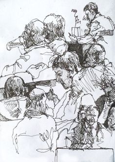 a black and white drawing of people sitting at a table