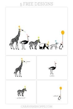 four different types of animals with balloons on their heads and the words, 5 free designs