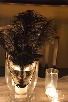 a mask and some candles on a table