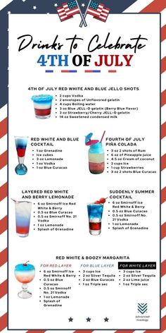 the fourth of july drink list with drinks in glasses and an american flag design on it