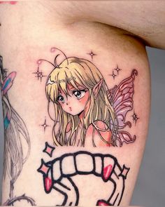 a girl with a pig tattoo on her thigh