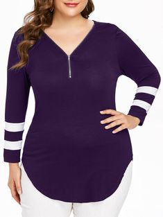 Plus Size Striped Zip Neck Long Sleeve T-shirt - Purple Iris - 3270742624 - Women's Clothing, Plus Size Women's Clothing  #PlusSizeWomensClothing #Women's #Clothing # #Plus #Size #Women's #Clothing Zipper Blouse, Trendy Plus Size Clothing, Plus Size Womens Clothing, Pullover Shirt, Plus Size Blouses, Striped Long Sleeve, Fashion Tees, Plus Size Tops, Long Tops