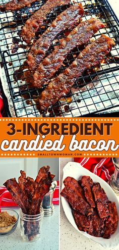 barbecued bacon on the grill with 3 ingredient candied bacon in glass bowls and another photo