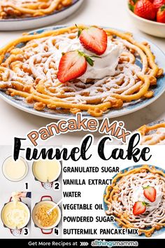 this is an advertisement for funnel cake with strawberries on top and whipped cream in the middle