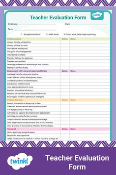 a teacher's checklist with the words teacher evaluation form on it