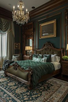 a large bed sitting next to a chandelier in a room with green walls