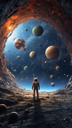 an astronaut standing in the middle of a space filled with planets and stars, looking out into the distance