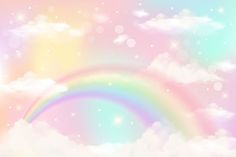 a rainbow in the sky with clouds and stars