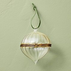 a glass ornament hanging on a green wall with a cord attached to it