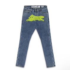 New With Tags Bbc Ice Cream Neon Lime Jeans, Size 38 Medium Wash Denim With Neon Green Screen-Printed Running Dog Design The Icecream Neon Lime Jean Incorporates An Authentic And Bold Aesthetic. Featuring A Blend Of Cotton Stretch Denim And Elastic, The Silhouette Features A Medium Wash Design Along With Reinforced Belt Loops And A Signature 5-Pocket Design. A Screen-Printed Running Dog Print At The Front Completes The Look. 98% Cotton Stretch Denim 2% Elastic Reinforced Belt Loops 5-Pocket Desi Running Dog Jeans, Bold Aesthetic, Running Dog, Dog Runs, Green Screen, Dog Print, Dog Design, Neon Green, Pocket Design