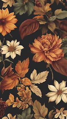 a painting of flowers and leaves on a black background with oranges, browns and yellows