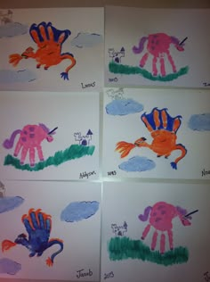 four handprints with different animals on them