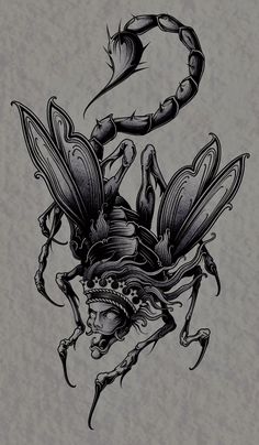 a black and white drawing of a scorpion