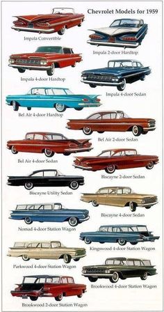 an advertisement for chevrolet models from the 1950's and early 1960s's, featuring cars