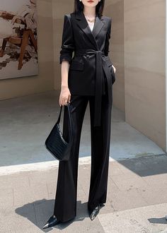 fancy pantsuit Black Spring Office Suit, Black Office Sets For Spring, Chic Black Office Sets, Chic Black Wide-leg Suit, Chic Black Wide Leg Suit, Solid Two-piece Pantsuit For Work, Two-piece Pantsuit For Work, Black Formal Pantsuit For Spring, Black Straight Pants Set For Spring