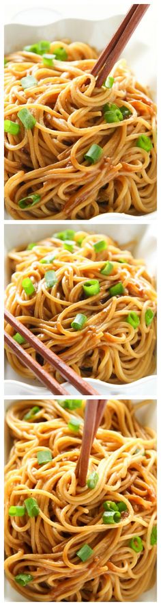 three different views of noodles with chopsticks