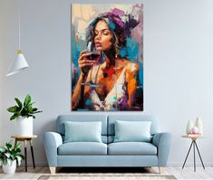 a painting of a woman holding a glass of wine in her hand and looking at the camera