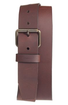 A signature lightning bolt stamps the keeper of a handsome leather belt secured by a plated-brass roller pin buckle. Style Name:Shinola Rambler Leather Belt. Style Number: 5812762. Available in stores.