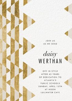 a white and gold graduation party card with an abstract pattern on the front, in black ink