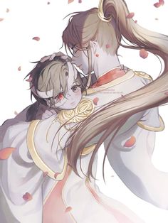 two anime characters hugging each other in front of falling petals on the white background with long hair