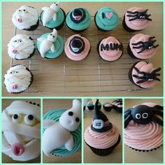 there are many cupcakes decorated to look like animals and bats on the table