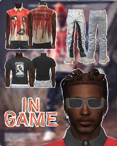 an image of a man wearing some clothes and sunglasses with the words in game on it