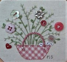 a close up of a piece of cloth with buttons on it and flowers in the basket