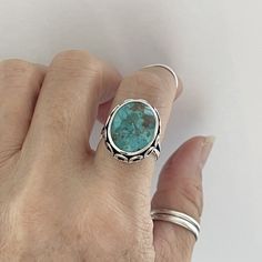 Sterling Silver Large Boho Genuine Turquoise Ring, Silver Ring, Statement Ring, Stone Ring Feather Ring Silver, Large Stone, Boho Ring, Thumb Rings