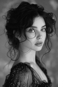 a black and white photo of a woman with curly hair in a dress looking at the camera