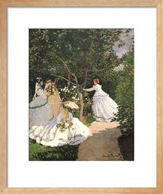 two women in white dresses are walking down a path with flowers and trees behind them