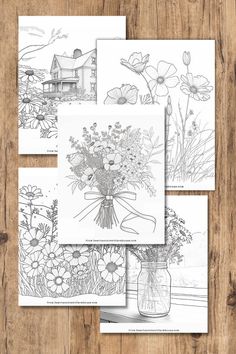 four different coloring pages with flowers in them